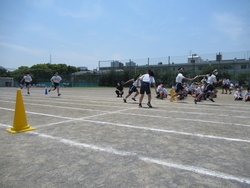 色別対抗リレーでバトンを渡している写真