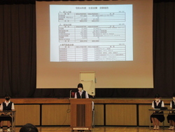生徒会役員が令和4年度決算報告について説明している写真